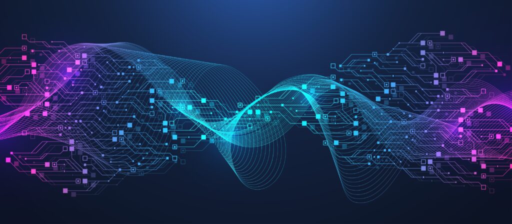 Blue and purple abstract image suggesting chip design and programming.