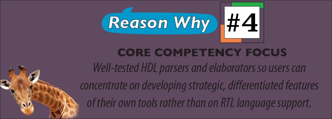 reasonsweb-reason4 Reason Why #4. CORE COMPETENCY FOCUS Well-tested HDL parsers and elaborators so users can concentrate on developing strategic, differentiated features oftheir own tools ratherthan on RTL language support.